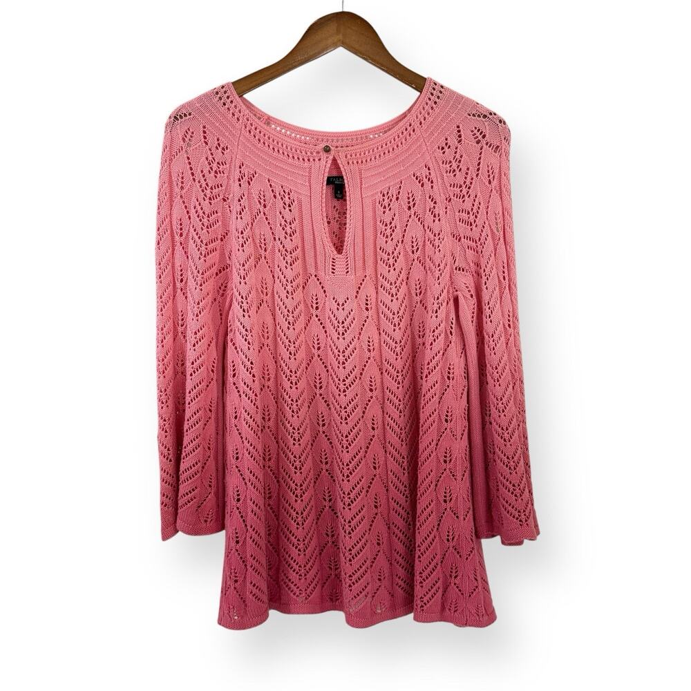 Talbots Pink Ombré Crochet Knit Top Sweater S Boho Coastal Grandma Bell Sleeve